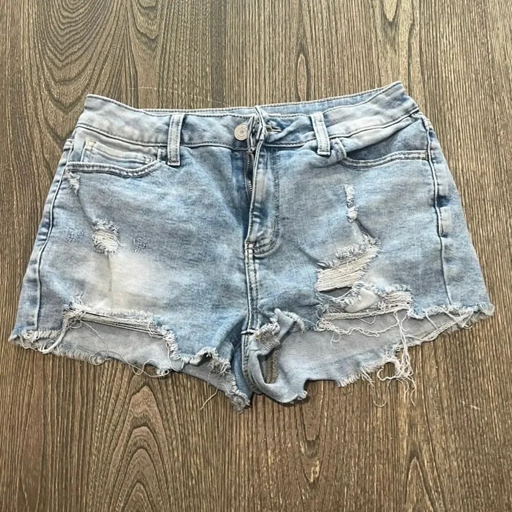 SO High Rise Shortie Shorts Distressed Raw Hem Denim Medium Wash Blue Sz 11/30W